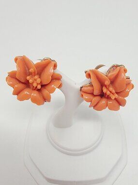 Vintage Carved Resin Coral Tone Floral Screw Back Earrings